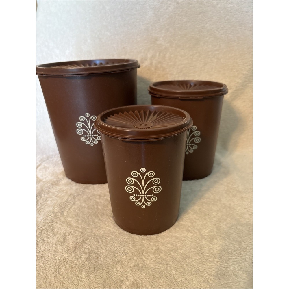 Vintage Tupperware Nesting Canisters Set (3) Brown Servalier w/ Lids FLAWS